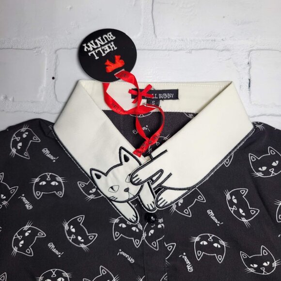 NWT Hell Bunny Matou Cat Collar Print Blouse - Picture 6 of 7